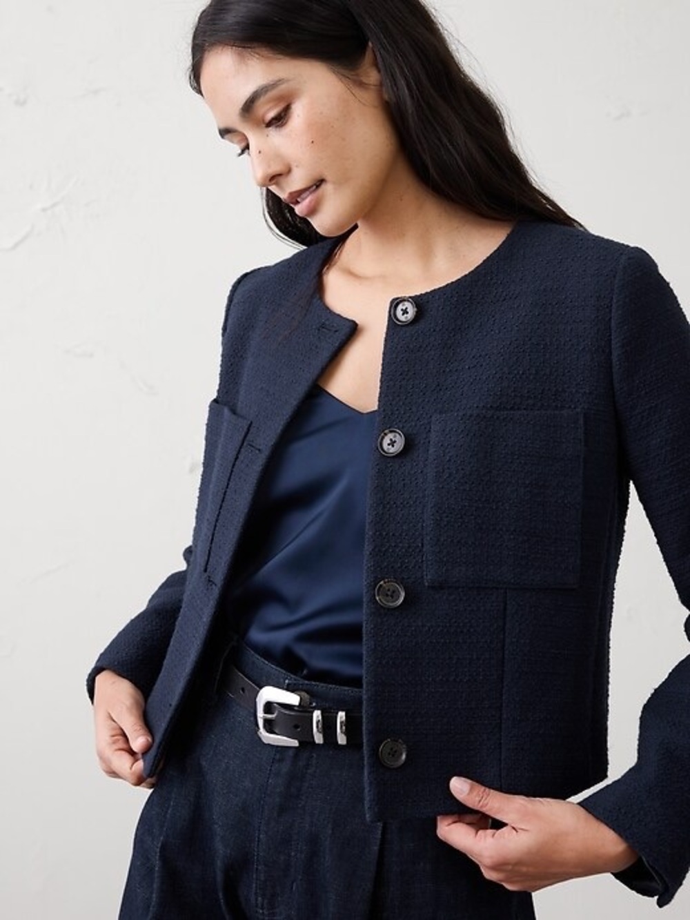 Banana Republic Navy Collarless Suit Jacket